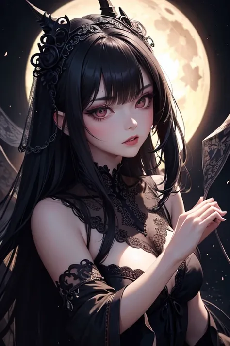 oriental gothic girl,detailed eyes and lips,dark mysterious atmosphere,vibrant colors,romantic moonlit background,flowing black dress,ornate lace details,intricate patterns,exaggerated and dramatic pose,elegant and sensual,smokey makeup,long flowing hair,p...