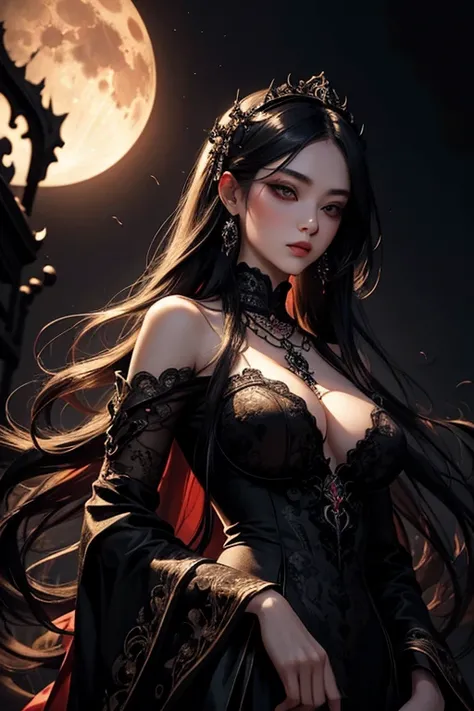 oriental gothic girl,detailed eyes and lips,dark mysterious atmosphere,vibrant colors,romantic moonlit background,flowing black dress,ornate lace details,intricate patterns,exaggerated and dramatic pose,elegant and sensual,smokey makeup,long flowing hair,p...