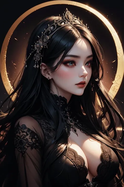 oriental gothic girl,detailed eyes and lips,dark mysterious atmosphere,vibrant colors,romantic moonlit background,flowing black dress,ornate lace details,intricate patterns,exaggerated and dramatic pose,elegant and sensual,smokey makeup,long flowing hair,p...