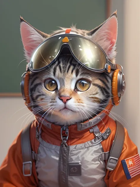 C4tt4stic, Cartoon silver tabby cat in red pilot suit, Helmet,Ears hide in helmet，