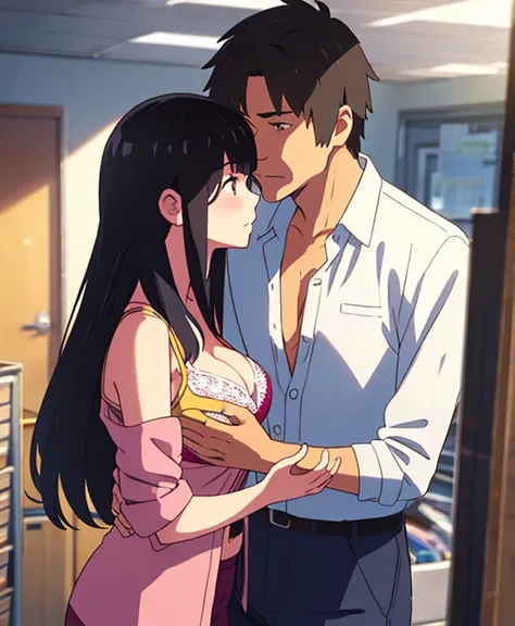 shinkai makoto, kimi no na wa., 1middle age man, wrinkle face, black hair,bangs swept to the right side, office suit, middle aged man caressing girls body, kiss cheeks, passionate hug, boy is hugging from behind, chestgrope from behind, middle aged man is ...