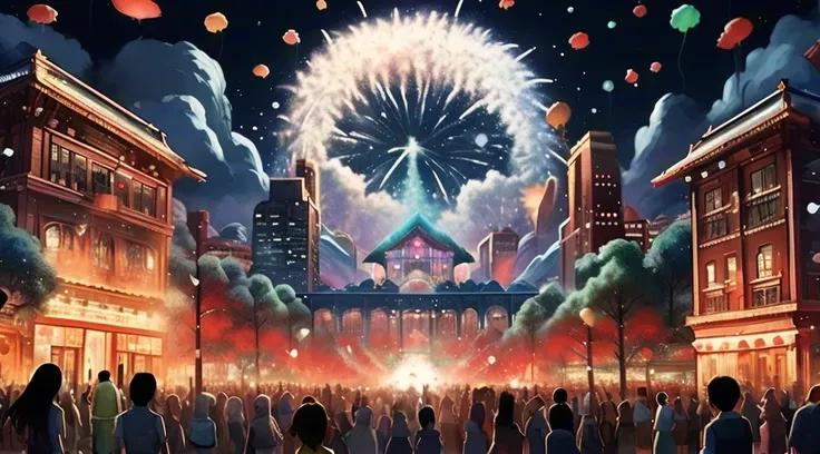 New Year Eve celebration, people gather in squares or bars, colorful confetti falls from the sky accompanied by fireworks and cheers, panoramic view, Ultra high saturation, (best quality, masterpiece, Representative work, official art, Professional, 8k)