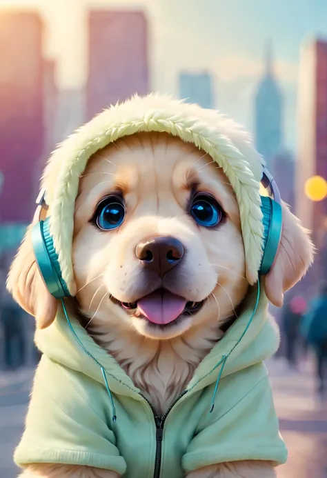 Cute Labrador puppy dog with fluffy fur wearing one hoodie and headphones, city background is blurred, Adorable Digital Painting, 3d rendered, Bright lighting, Vibrant colors,