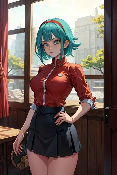 masterpiece, best quality, highres, dragon ball, blmmid, aqua hair, medium hair, blunt bangs, red hairband, medium breasts, shirt, skirt, cowboy shot, indoors, standing,