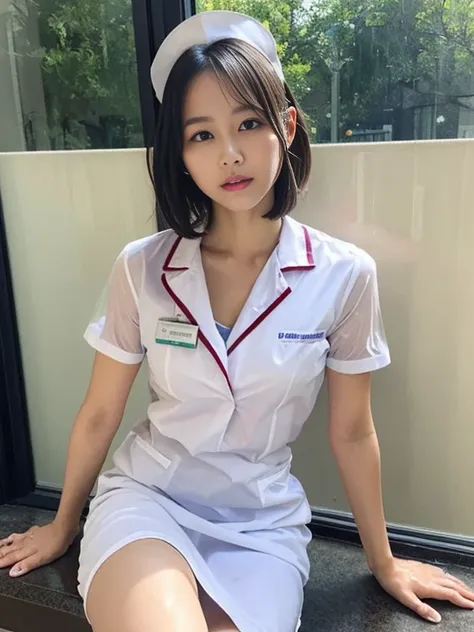 ((very beautiful nurse undresses ベッドの上in)). (wearing a white transparent nurse uniform: 1.5). 40k, photograph, table top, highes...