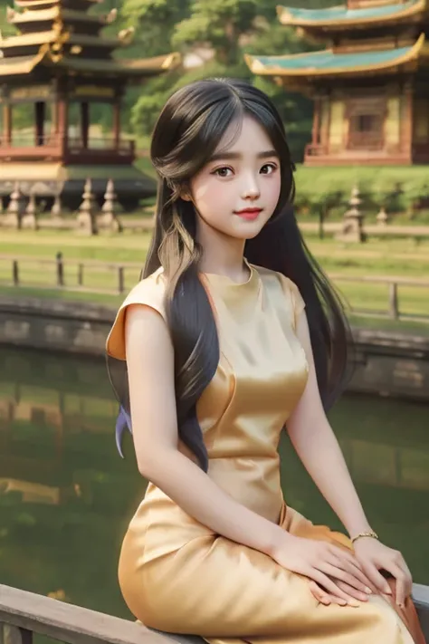 (Individual view) Fine art s silk dress) wearing a long-haired princess.  Cartoon anime (oil painting) Burmese girl, 18 years old, Bagan Pagoda view, clear background Hd 8k