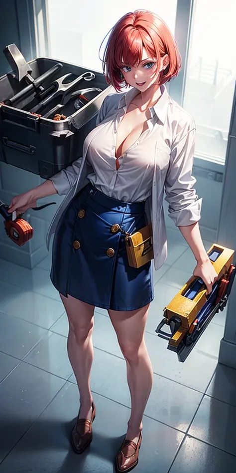 1girl, ((full body)), solo, white background, crimson hair, short hair, large breasts, button down shirt, ((white shirt)), ((unbuttoned shirt)), blue eyes, blue skirt, laugh, looking right, standng, golden necklate, ((holding a hammer and a toolbox))