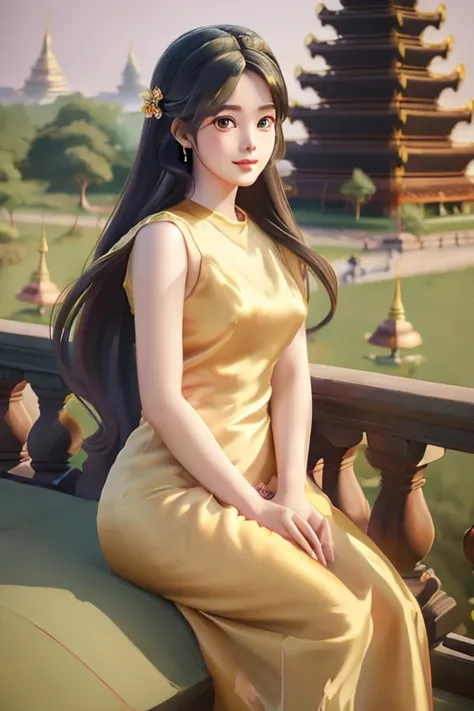 (Individual view) Fine art s silk dress) wearing a long-haired princess.  Cartoon anime (oil painting) Burmese girl, 18 years old, Bagan Pagoda view, clear background Hd 8k