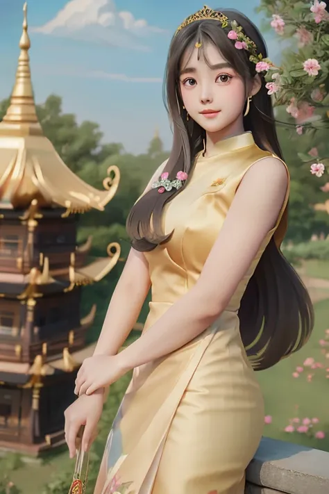 (Individual view) Fine art s silk dress) wearing a long-haired princess.  Cartoon anime (oil painting) Burmese girl, 18 years old, Bagan Pagoda view, clear background Hd 8k