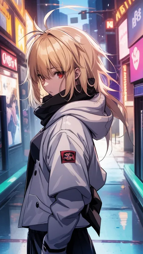 (wide angle 1.5), anime girl with a hood and covering her mouth with a scarf, arcueid \(coat\), anime graphic illustration, anim...