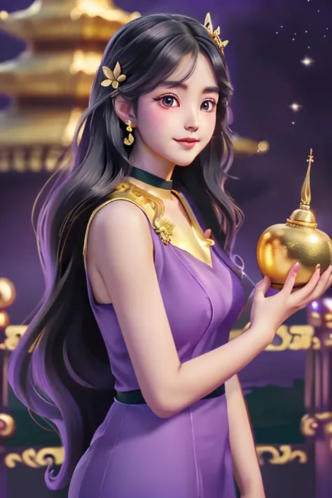 craft  top notch,  girl  solo  ((adult female)),  long hair  hair,  princess  (Black dress reflection) (Purple dress reflection) (Golden dress reflection) Fantasy,  happy  watching the viewer;  cartoon  anime  (oil painting) Burmese girl  18 years old Baga...