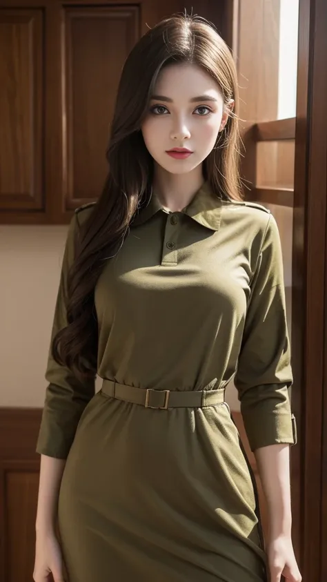 A beautiful woman wearing army soldier dress, detailed face, realistic, detailed pale skin, detailed body, detailed dress up, army dress, soldier dress, 8k