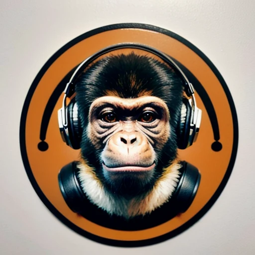 a close up of a monkey face, monkey with headphones, monkey dj, headphones are floating upside down, inspired by Alex Petruk APe, monkey, bored ape, face like monkey, monkeys, in style of monkeybone, in style of primal apes, ape, orange head, LP vinyl stic...