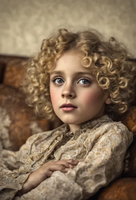 Extrememly realistic wean aged 5 with blonde unruly curly hair lying on  a couch with her hands on her chin  black mountain college, bloomsbury group, portraiture style of edwardian beauty, layered textures , elegantly formal (Rembrandt Lighting), zeiss le...