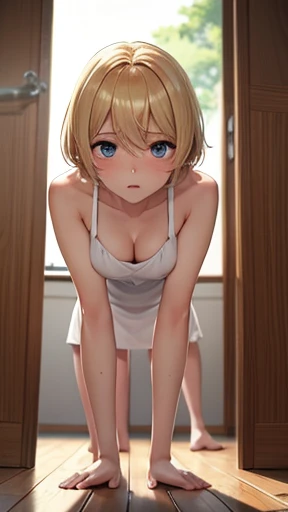 Very detailed image 8k European junior high school girl Beautiful girl Blonde Short hair Small breasts Beautiful legs Blush Sweat outside Athletics Crawling on all fours Spreading legs as wide as possible Camera takes a picture of the back White skin White...