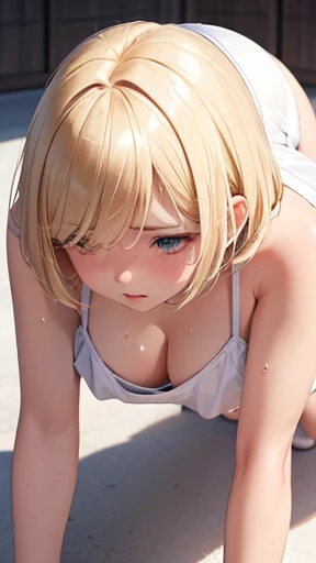 Very detailed image 8k European junior high school girl Beautiful girl Blonde Short hair Small breasts Beautiful legs Blush Sweat outside Athletics Crawling on all fours Spreading legs as wide as possible Composition showing back White skin White dress Reg...