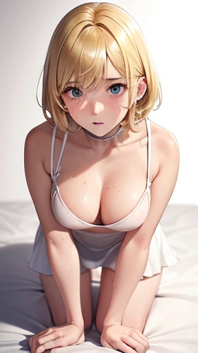 Very detailed image 8k European junior high school girl Beautiful girl Blonde Short hair Small breasts Beautiful legs Blush Sweat outside Athletics Crawling on all fours Spreading legs as wide as possible Composition showing back White skin White dress Reg...