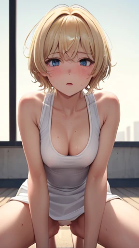 Very detailed image 8k European junior high school girl Beautiful girl Blonde Short hair Small breasts Beautiful legs Blush Sweat flowing Outside Athletics Crawling on all fours Spreading legs as wide as possible White skin White dress Regretful expression...