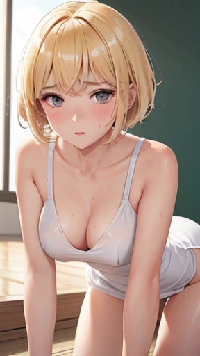 Very detailed image 8k European junior high school girl Beautiful girl Blonde Short hair Small breasts Beautiful legs Blush Sweat flowing Outside Athletics Crawling on all fours Spreading legs as wide as possible White skin White dress Regretful expression...