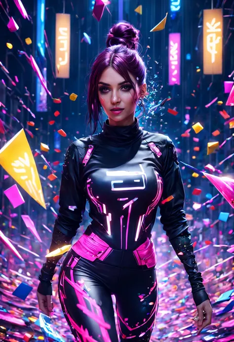 latin beautiful woman. smile. pink dark hair. cyberpunk style. brown eyes. tight black pants. tight black t-shirt. lights. confetti raining down. joyous celebrations. detailed matte painting, deep color, fantastical, intricate detail, splash screen, comple...