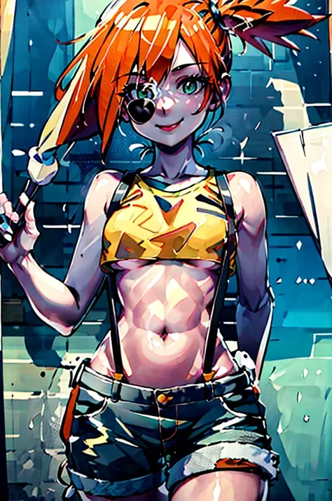 masterpiece, best quality, highres, 1girl, misty (pokemon), orange hair, solo, shorts, suspenders, side ponytail, orange hair, midriff, yellow crop top, navel, short hair, denim, denim shorts,, smile, cowboy shot, outdoors, Under Boob, detailed mid breasts...