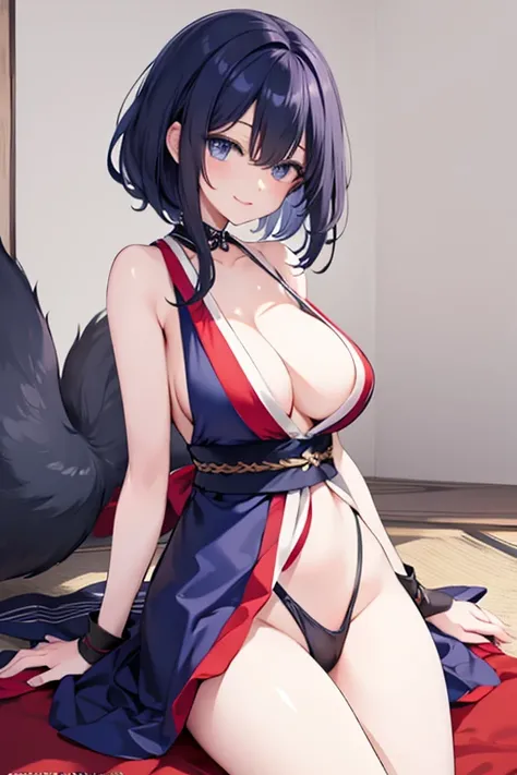 Black hair, blue eyes, large breasts, sexy, beautiful body, masterpiece, smile,japanese clothes(red color)