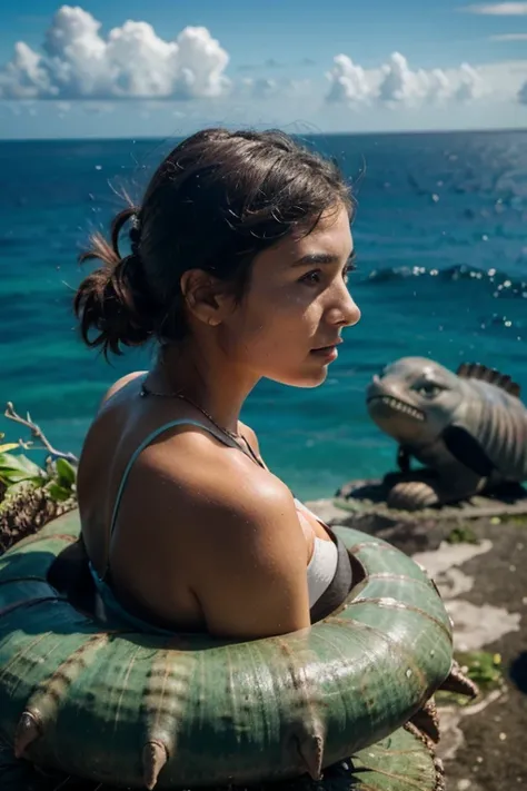 A girl on a lonely tropical island talking to an unprecedented sea creature