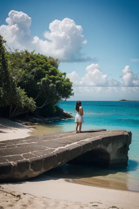 A girl on a lonely tropical island talking to an unprecedented sea creature