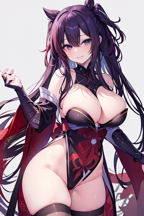 Black hair, blue eyes, large breasts, sexy, beautiful body, masterpiece, smile,japanese clothes(red color)