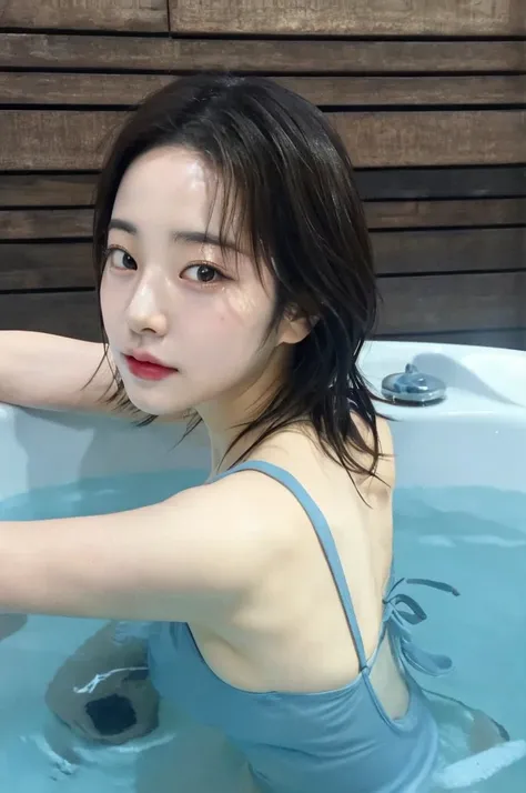 there is a woman in a blue tank top sitting in a tub, dilraba dilmurat, chiho, xintong chen, wenfei ye, with cute - fine - face,...