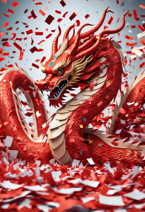 red chinese dragon flying on huge confetti, beautiful details, whole body, elevation angle, The art of paper, panoramic view, Ultra high saturation, (best quality, masterpiece, Representative work, official art, Professional, 8k)