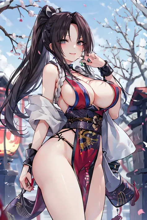 Black hair, blue eyes, large breasts, sexy, beautiful body, masterpiece, smile,japanese clothes(red color)