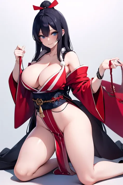 Black hair, blue eyes, large breasts, sexy, beautiful body, masterpiece, smile,japanese clothes(red color)