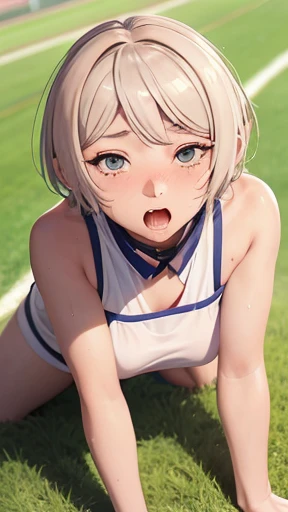 Very detailed image 8k European junior high school girl Beautiful girl Blonde Short hair Small breasts Beautiful legs Blushing Outside Athletics Crawling on all fours Composition viewed from directly below Mouth wide open and tongue sticking out White skin...