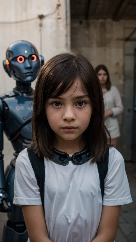 beautiful little 8 year old girl standing in front of a worn robot staring into each others eyes, photorealism, photographic look, RAW style, highly detailed, ultra high definition