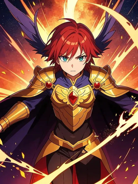 Leon Phoenixheart is a valiant figure with fiery red hair that cascades like flames down his shoulders. His piercing emerald eyes hold a resolute determination, reflecting the strength of his spirit. Leon dons a suit of golden armor adorned with intricate ...