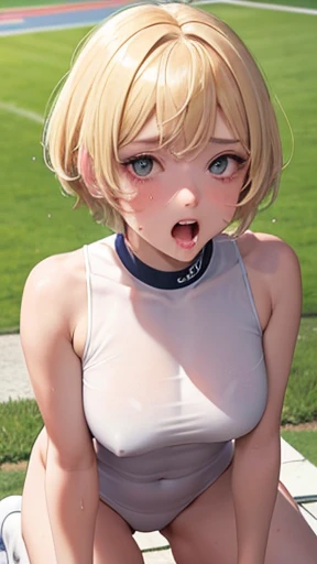 Very detailed image 8k European junior high school girl Beautiful girl Blonde Short hair Small breasts Beautiful legs Blushing Outside Athletics Crawl on all fours Composition viewed from directly above Mouth wide open and tongue sticking out White skin Re...