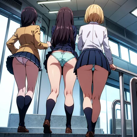 View from below, from behind,​ low angles:1.4, station, (train station stairs), 4girls, multiple girls, (back of head:1.4), (school uniform), (blazers), ((pleated skirts:1.2)), (high socks), (loafers), ((Perfect erotic panties)), thong, ((Showing panties))...