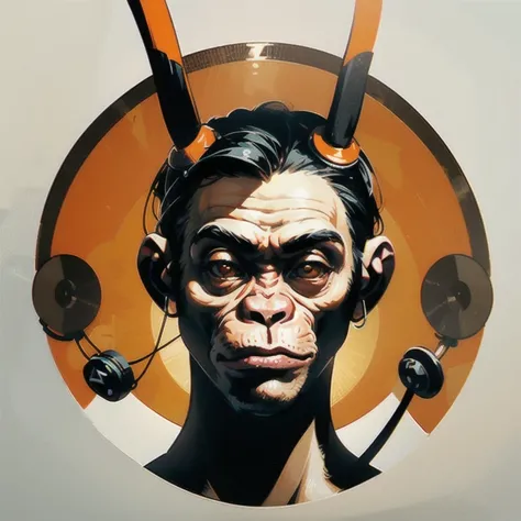 a close up of a sceptical monkey face, headphones are floating upside down, inspired by Alex Petruk APe, monkey, bored ape, face like monkey, monkeys, in style of monkeybone, in style of primal apes, ape, orange head, LP vinyl sticker design