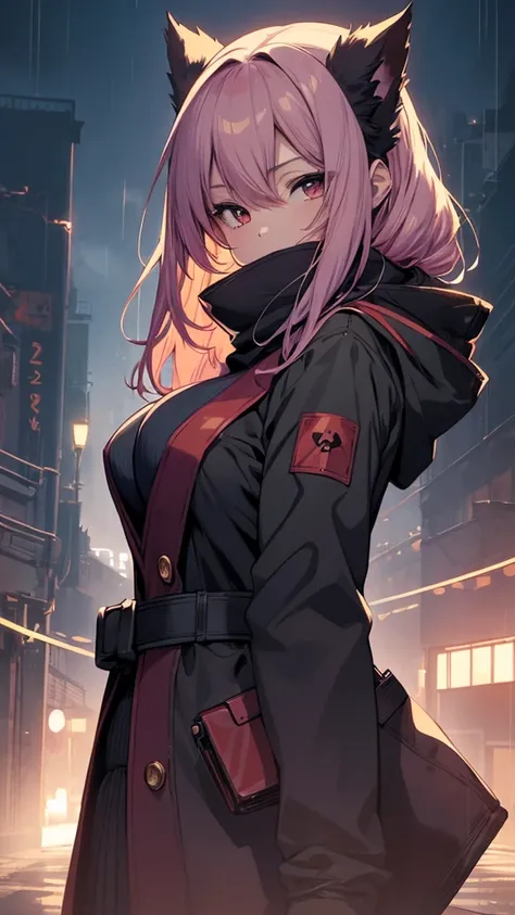 (wide angle 1.5), anime girl with a hood and covering her mouth with a scarf, rose colored hair, arcueid \(coat\), rainy atmosph...