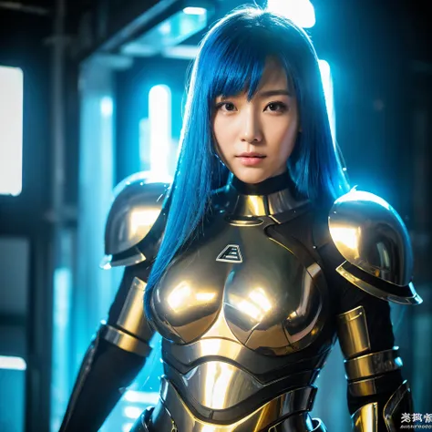 masterpiece, best quality, Beautiful and fine hair and fine face, Asian women，Chinese women，perfect female face, (happy:1.2), (closeup portrait:1.2), Face focus, Beautiful and lovely woman in armor and shiny blue hair, aqua neon lights, (Sci-fi cyberpunk e...