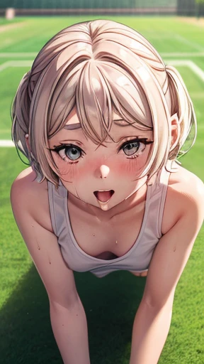 Very detailed image 8k European junior high school girl Beautiful girl Blonde Short hair Small breasts Beautiful legs Blushing Outside Athletics Crawl on all fours Composition viewed from directly above Mouth wide open and tongue sticking out White skin Re...