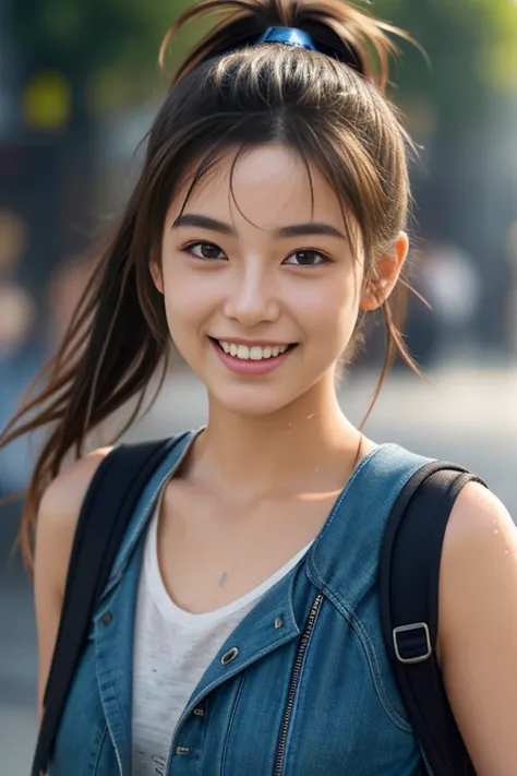 fashion style, masterpiece, best quality, 8k, artstation, sharp focus, (ultrarealistic:1.5), (high details:1.4), raw photo of a young woman, street smiling, backpack, ponytails, faded, complex stuff around, intricate background, soaking wet, (Cinematic:1.4...