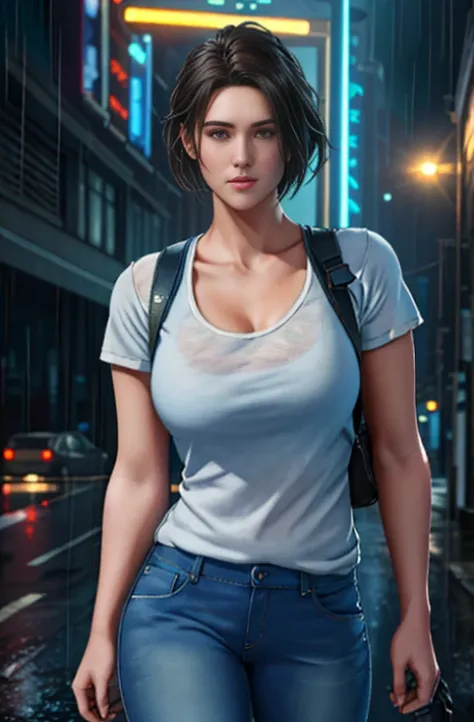 1girl, denim shots by zotovalentine, white shirt, jeans, sporty, urban, night, neon, rain, volumetric lighting, best quality, masterpiece, intricate details, tone mapping, clear focus, ultra detail, trends on Artstation, realistic,