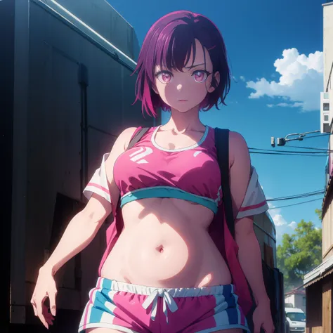 SeaArt 2.1 shizukamikazuki, shizuka mikazuki, short hair, purple hair, hair ornament, hair clip, (pink eyes: 1.5), wide bangs,
BREAK navel, Pulled up sports bra, sportswear, Pulled down shorts, pink shorts, very sweaty body,
BREAK (PORNO),(nsfw),(Sex with ...