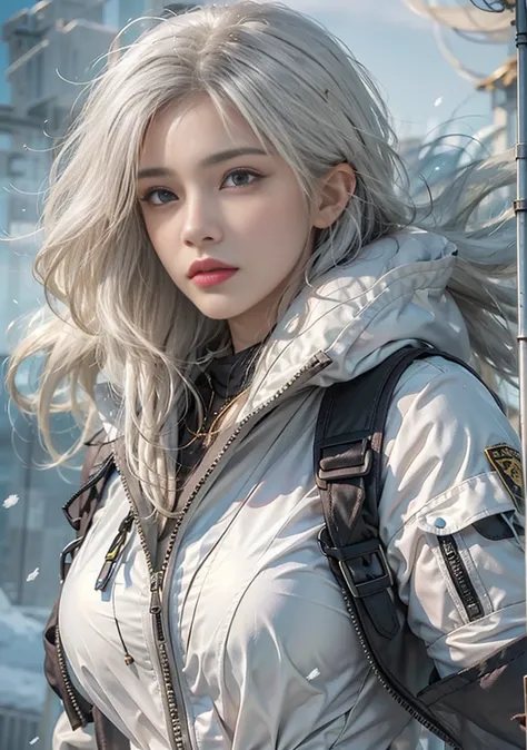 Photorealistic, high resolution, 1womanl, Solo,Snow background, looking to the camera, (Detailed face), White hair, SWAT vests, Gun, jewelry，Fingers are occluded，golden hair，Thick clothes，Beautiful tall woman