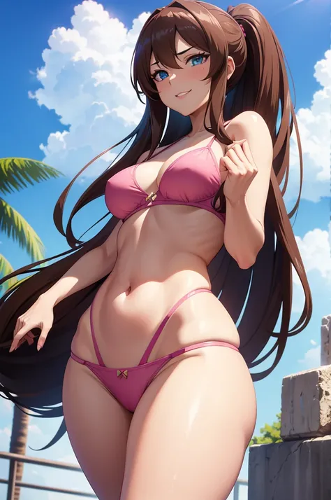 one Rebecca wearing a pink bikini, mature woman, long brown hair, hair in a ponytail, blue eyes, sexy hourglass figure, sadistic laugh, view from below her, [ 4 k digital art ]!!, seductive anime girl, deviantart artstation cgscosiety, trending on cgstatio...