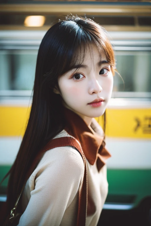 Cinematic Photo of a beautiful korean fashion model bokeh train