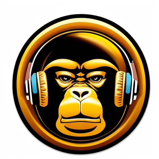 a close up of a sceptical monkey face, headphones are floating upside down, inspired by Alex Petruk APe, monkey, bored ape, face like monkey, in style of monkeybone, in style of primal apes, ape, orange head, round sticker design