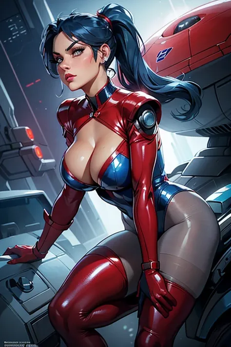 Best quality, 8K, woman retro super hero futurism, beautiful and detailed face, big eyelashes,LOOKING TO observer, ponytail,BLUE hair, long eyelashes, RED shiny leotard, cleavage, metalic details, light GRAY pantyhose, sheer gloves,sci-fi RETRO SPACESHIP s...